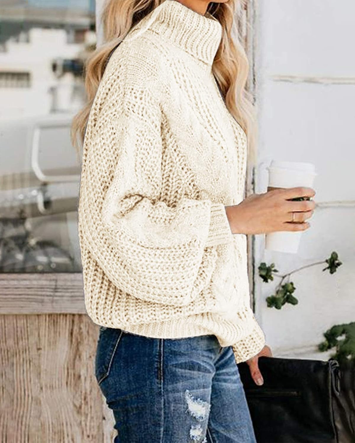 Chic Ballon Sleeve Winter Turtleneck Chunky Sweater Slouchy Oversized Loose Pullover Outerwear Warm Thick